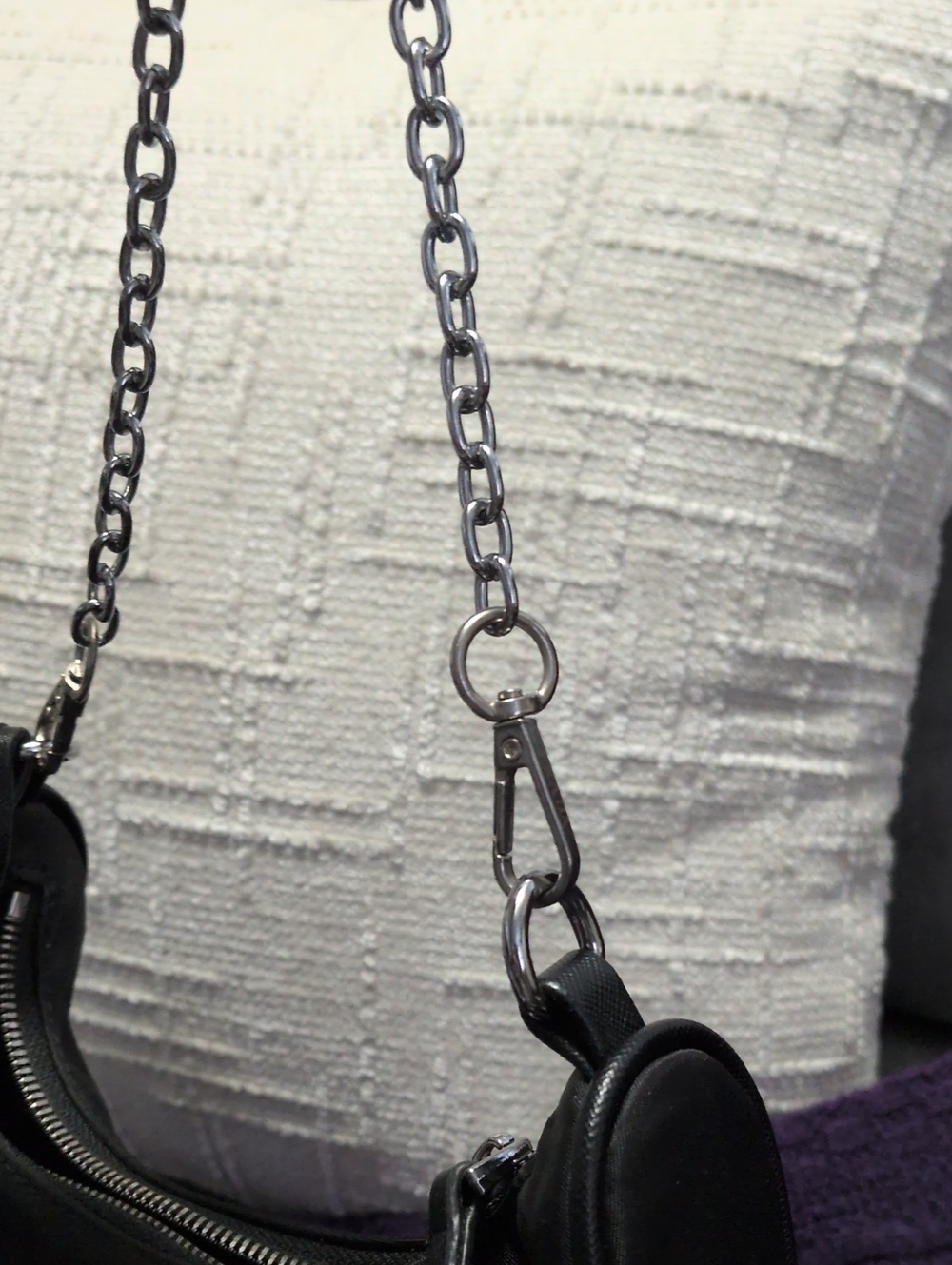 Designer Inspired Black Nylon Shoulder Bag with Silver Chain Strap - Picture 5 of 7